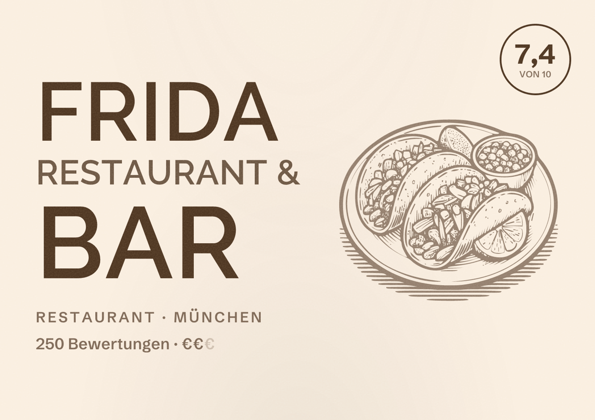 Illustriertes Poster von Frida Restaurant & Bar, Restaurant in München: Bewertung 7,4 von 10 aus 250 Bewertungen, Preisniveau €€