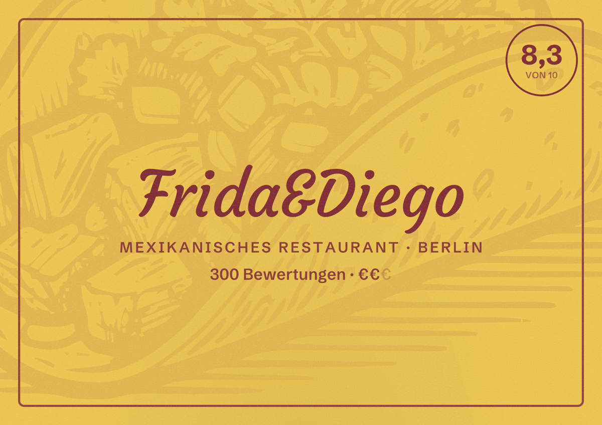 Illustriertes Poster von Frida&Diego, Mexikanisches Restaurant in Berlin: Bewertung 8,3 von 10 aus 300 Bewertungen, Preisniveau €€