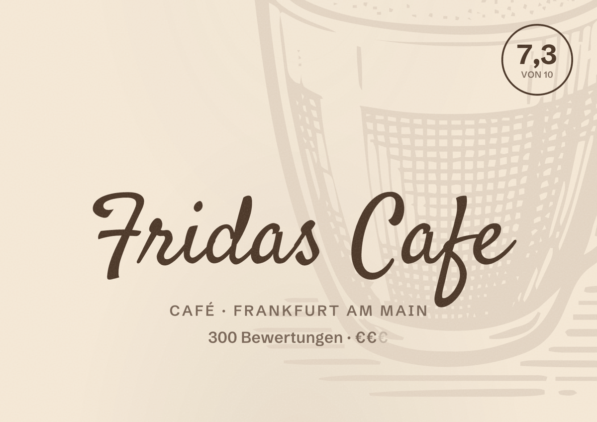 Illustriertes Poster von Fridas Cafe, Café in Frankfurt am Main: Bewertung 7,3 von 10 aus 300 Bewertungen, Preisniveau €€