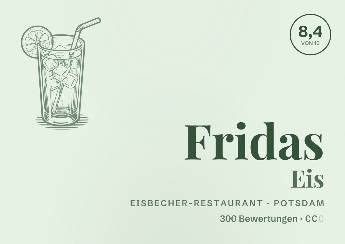 Illustriertes Poster von Fridas Eis, Eisbecher-Restaurant in Potsdam: Bewertung 8,4 von 10 aus 300 Bewertungen, Preisniveau €€