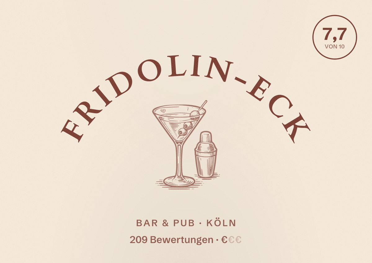Illustriertes Poster von Fridolin-Eck, Bar & Pub in Köln: Bewertung 7,7 von 10 aus 209 Bewertungen, Preisniveau €