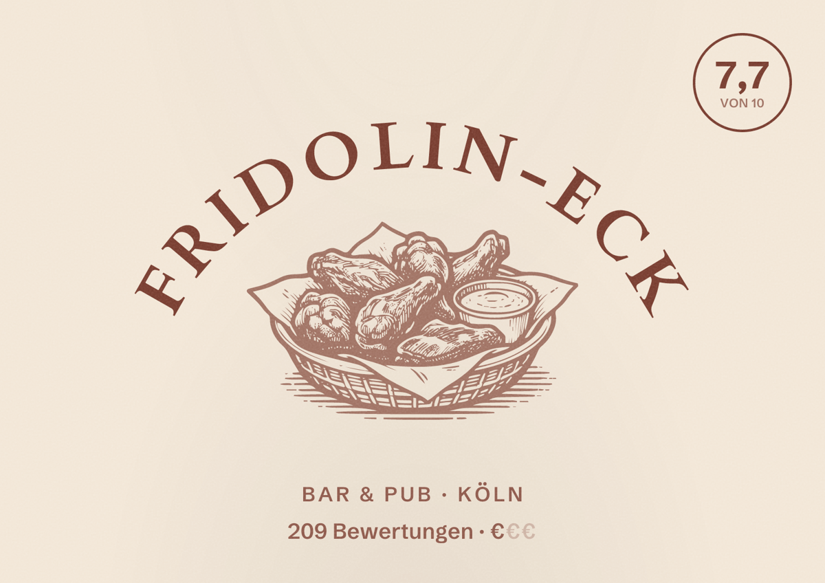 Illustriertes Poster von Fridolin-Eck, Bar & Pub in Köln: Bewertung 7,7 von 10 aus 209 Bewertungen, Preisniveau €