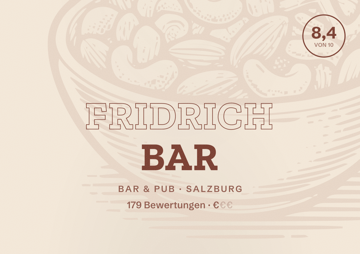 Illustriertes Poster von Fridrich Bar, Bar & Pub in Salzburg: Bewertung 8,4 von 10 aus 179 Bewertungen, Preisniveau €