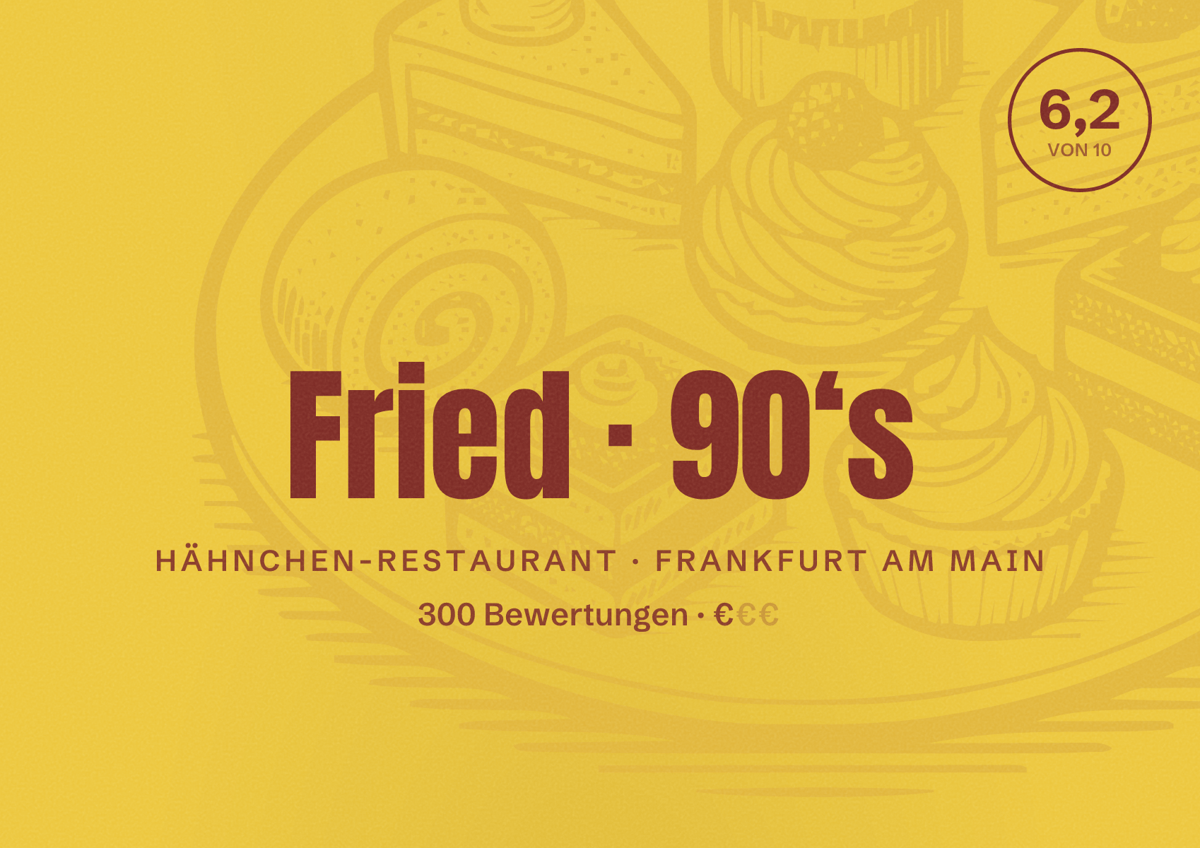 Illustriertes Poster von Fried 90‘s, Hähnchen-Restaurant in Frankfurt am Main: Bewertung 6,2 von 10 aus 300 Bewertungen, Preisniveau €