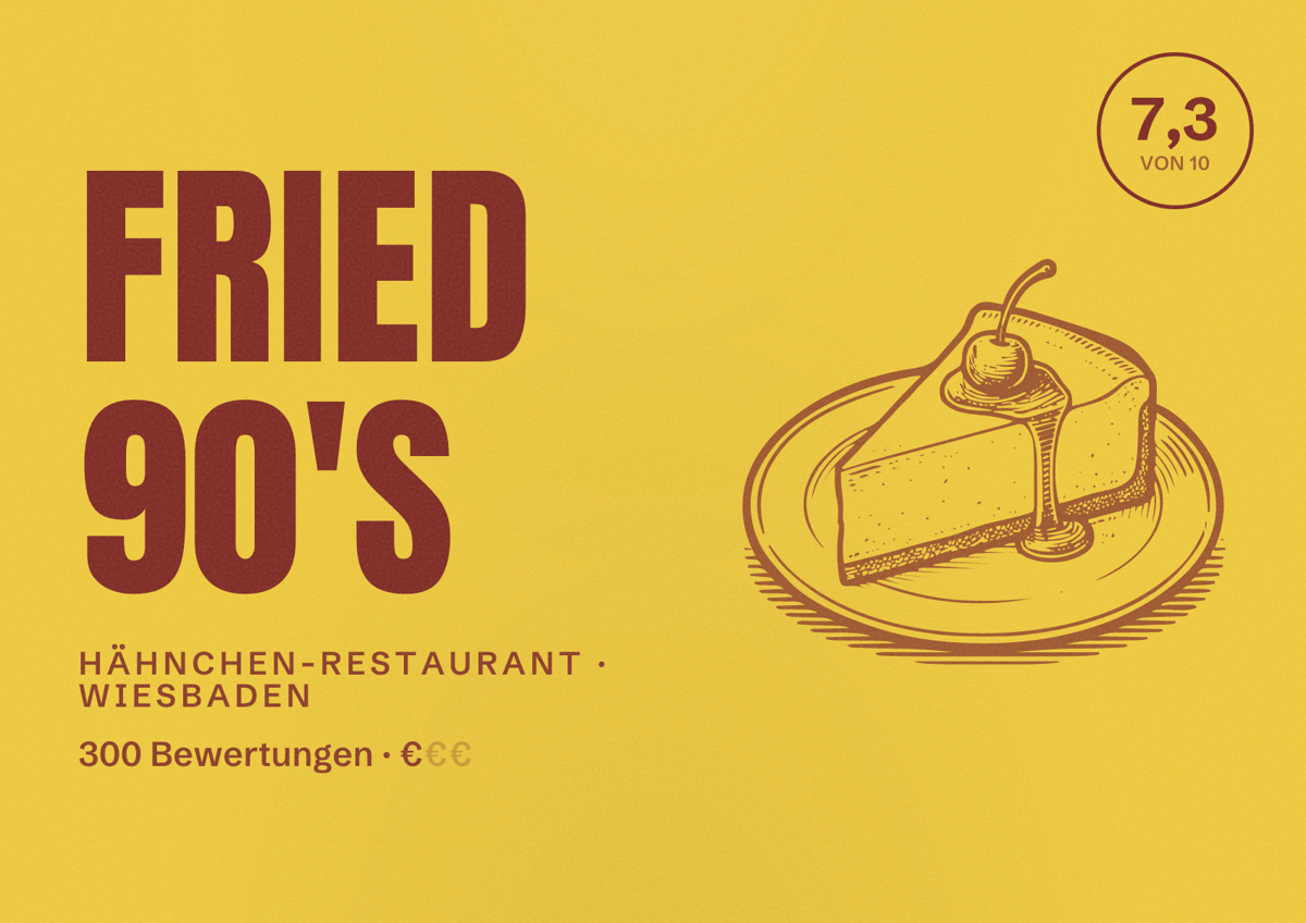 Illustriertes Poster von Fried 90's, Hähnchen-Restaurant in Wiesbaden: Bewertung 7,3 von 10 aus 300 Bewertungen, Preisniveau €