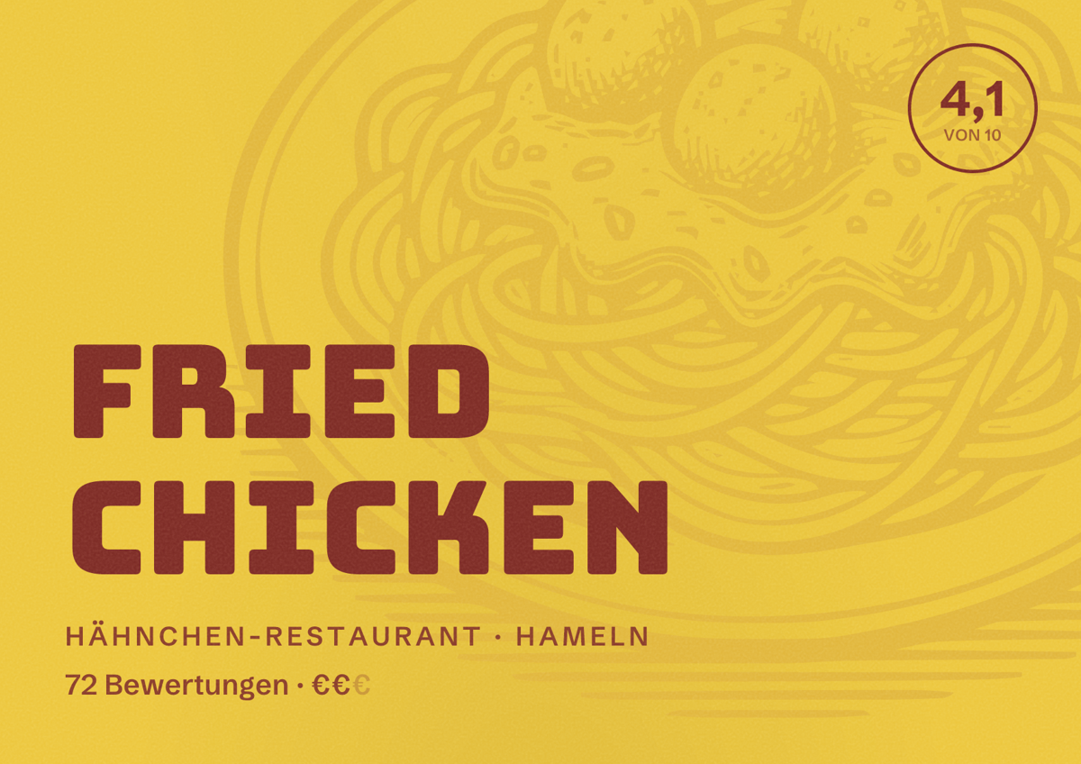 Illustriertes Poster von Fried chicken, Hähnchen-Restaurant in Hameln: Bewertung 4,1 von 10 aus 72 Bewertungen, Preisniveau €€