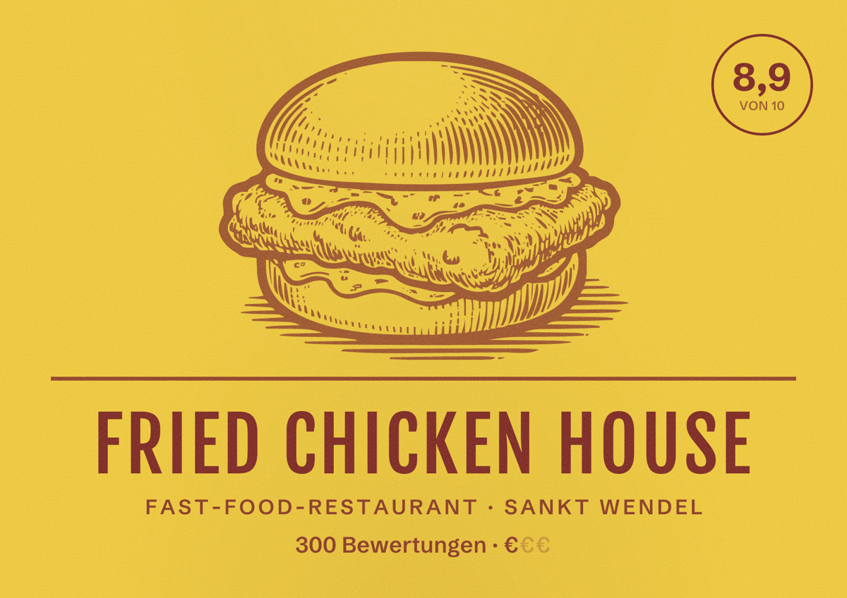 Illustriertes Poster von Fried Chicken House, Fast-Food-Restaurant in Sankt Wendel: Bewertung 8,9 von 10 aus 300 Bewertungen, Preisniveau €