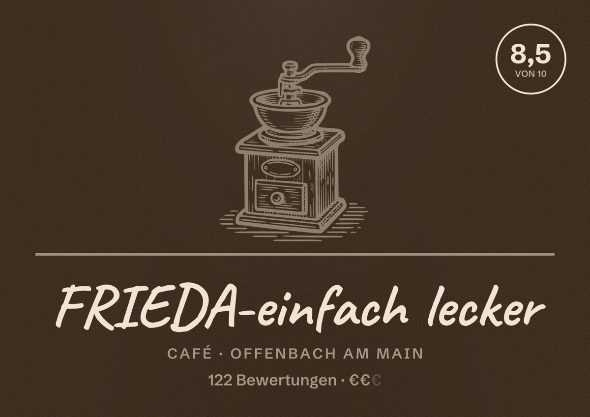 Illustriertes Poster von FRIEDA-einfach lecker, Café in Offenbach am Main: Bewertung 8,5 von 10 aus 122 Bewertungen, Preisniveau €€
