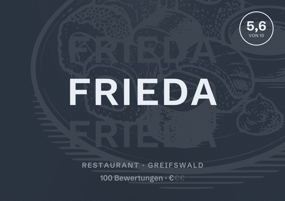 Illustriertes Poster von Frieda, Restaurant in Greifswald: Bewertung 5,6 von 10 aus 100 Bewertungen, Preisniveau €