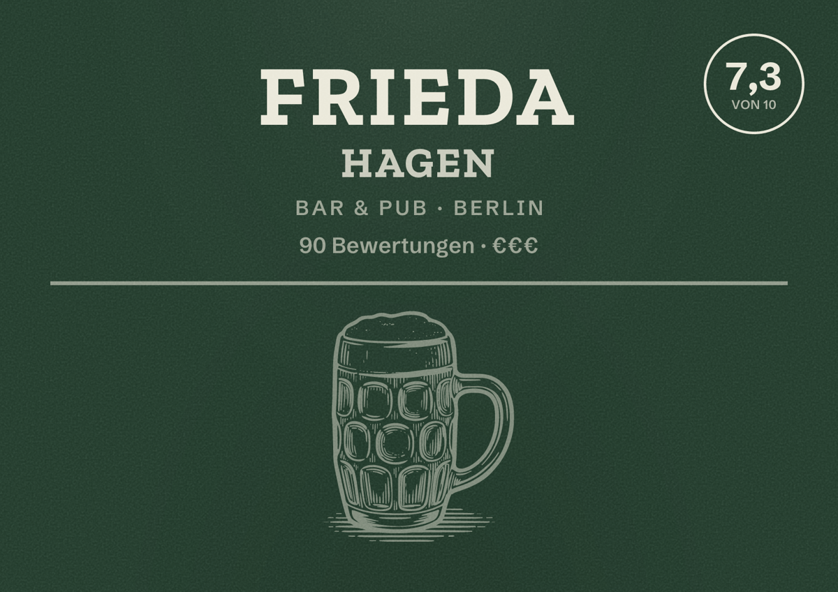 Illustriertes Poster von Frieda Hagen, Bar & Pub in Berlin: Bewertung 7,3 von 10 aus 90 Bewertungen, Preisniveau €€€