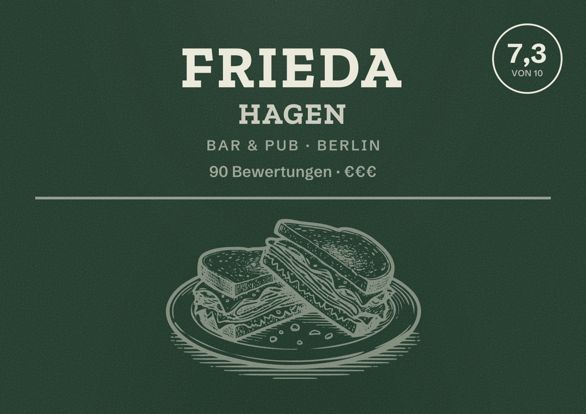 Illustriertes Poster von Frieda Hagen, Bar & Pub in Berlin: Bewertung 7,3 von 10 aus 90 Bewertungen, Preisniveau €€€