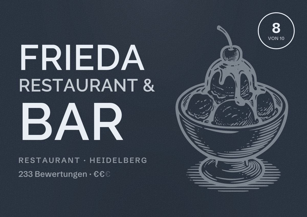 Illustriertes Poster von FRiEDA Restaurant & Bar, Restaurant in Heidelberg: Bewertung 8 von 10 aus 233 Bewertungen, Preisniveau €€