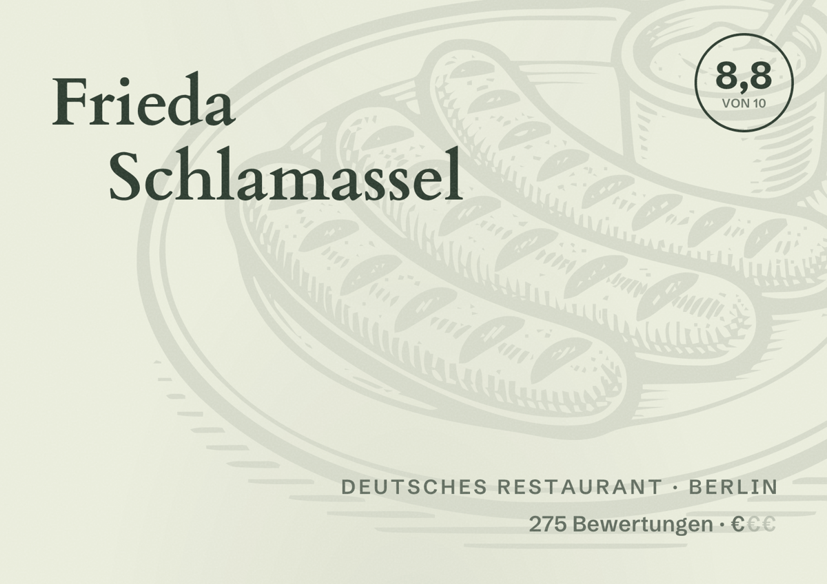 Illustriertes Poster von Frieda Schlamassel, Deutsches Restaurant in Berlin: Bewertung 8,8 von 10 aus 275 Bewertungen, Preisniveau €