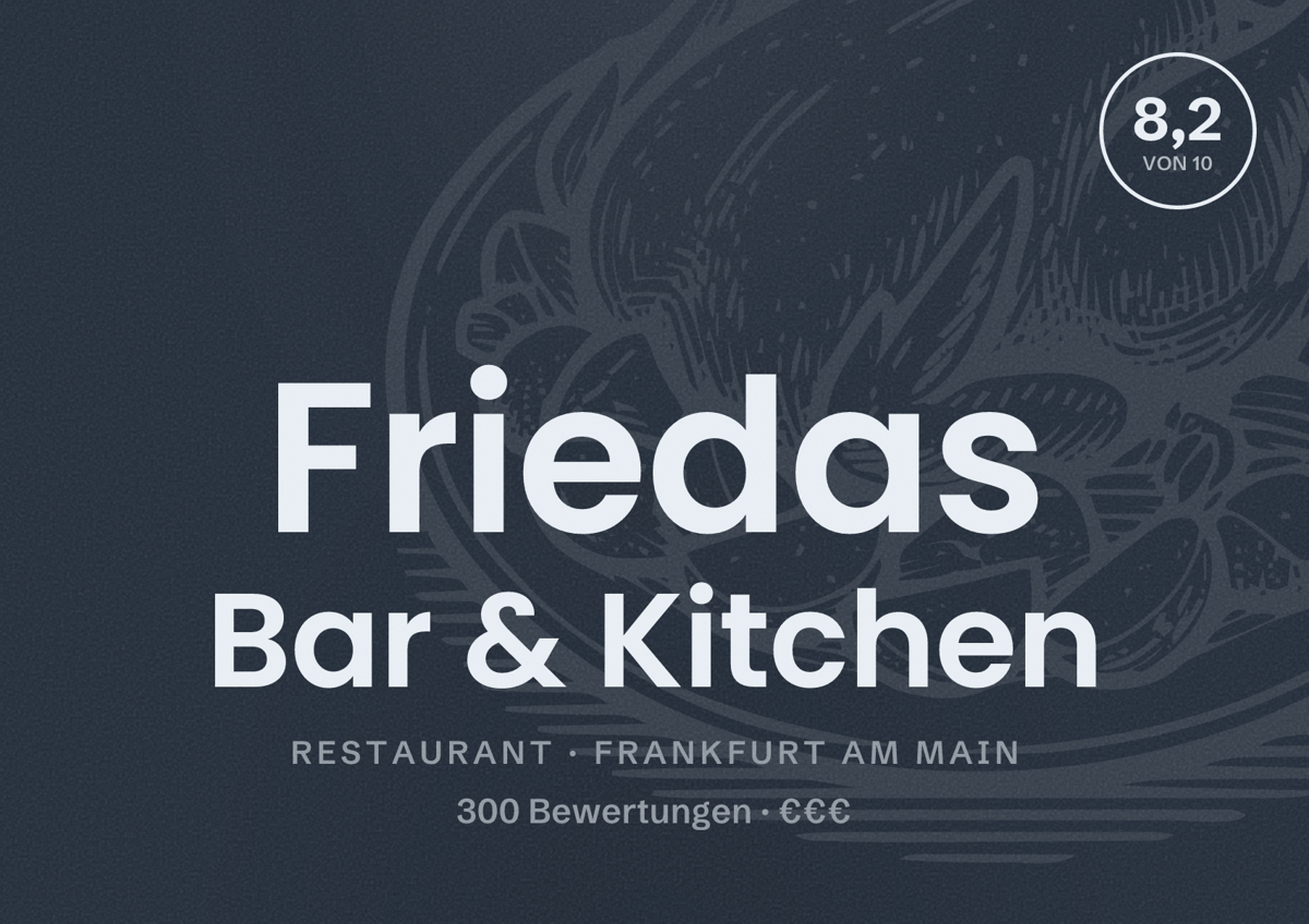 Illustriertes Poster von Friedas Bar & Kitchen, Restaurant in Frankfurt am Main: Bewertung 8,2 von 10 aus 300 Bewertungen, Preisniveau €€€
