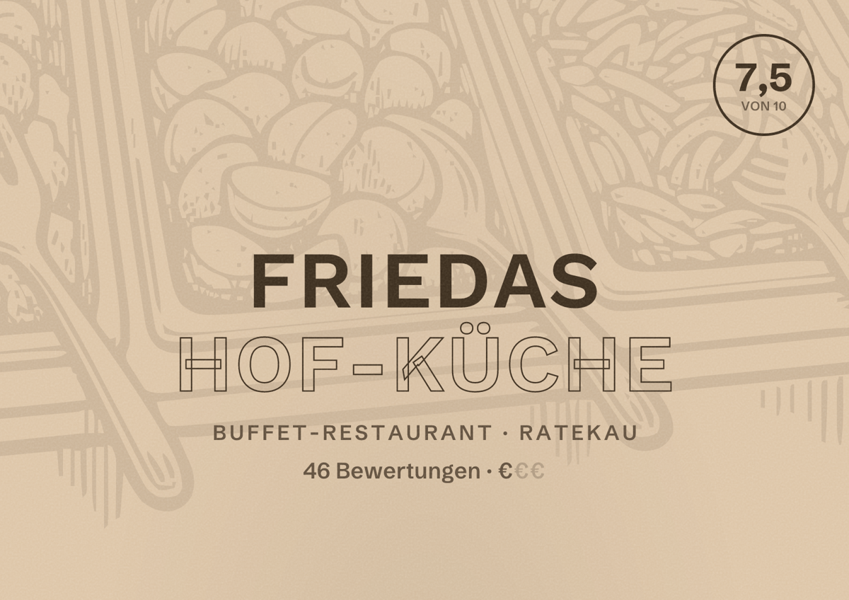 Illustriertes Poster von Friedas Hof-Küche, Buffet-Restaurant in Ratekau: Bewertung 7,5 von 10 aus 46 Bewertungen, Preisniveau €