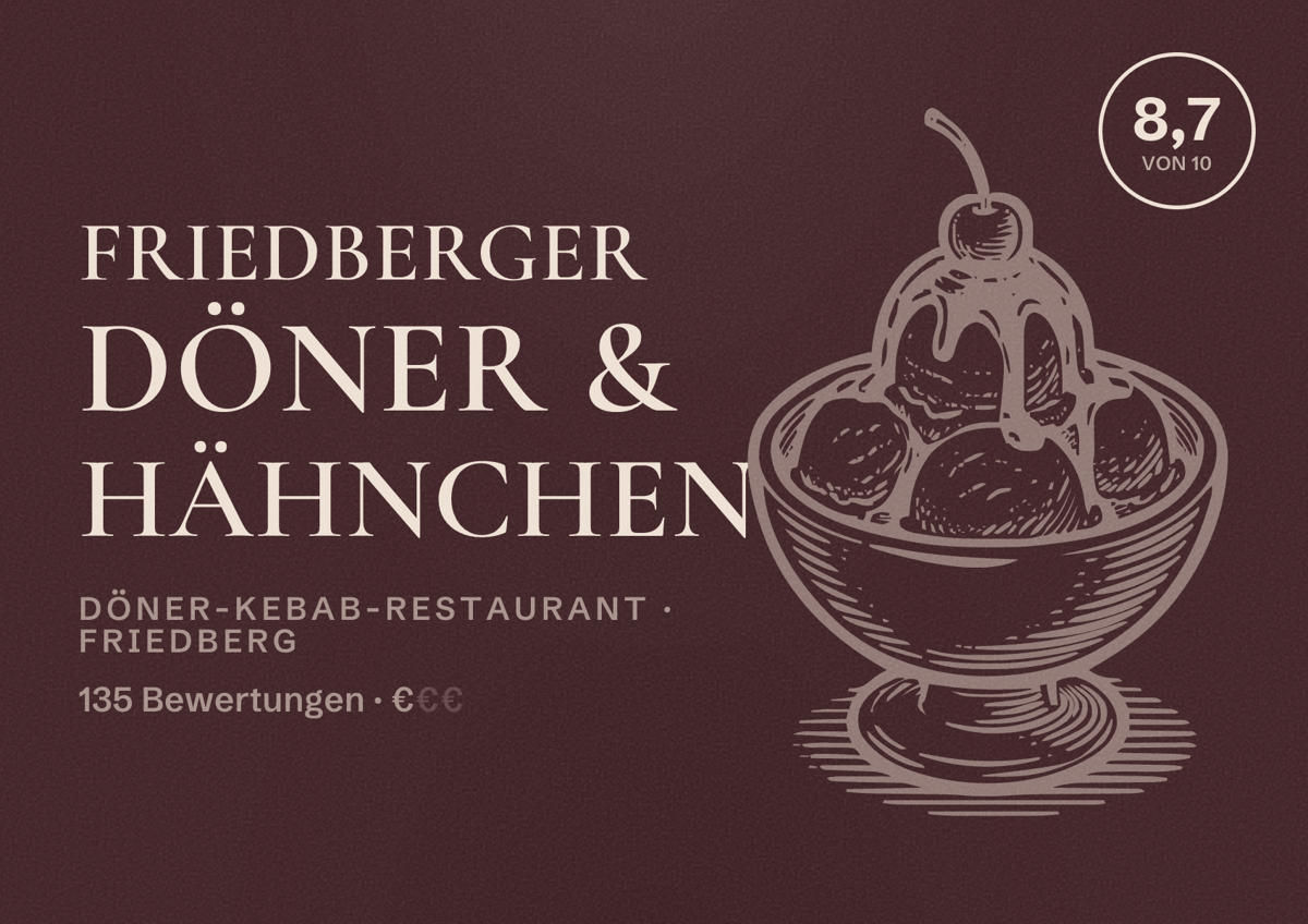 Illustriertes Poster von Friedberger Döner & Hähnchen, Döner-Kebab-Restaurant in Friedberg: Bewertung 8,7 von 10 aus 135 Bewertungen, Preisniveau €