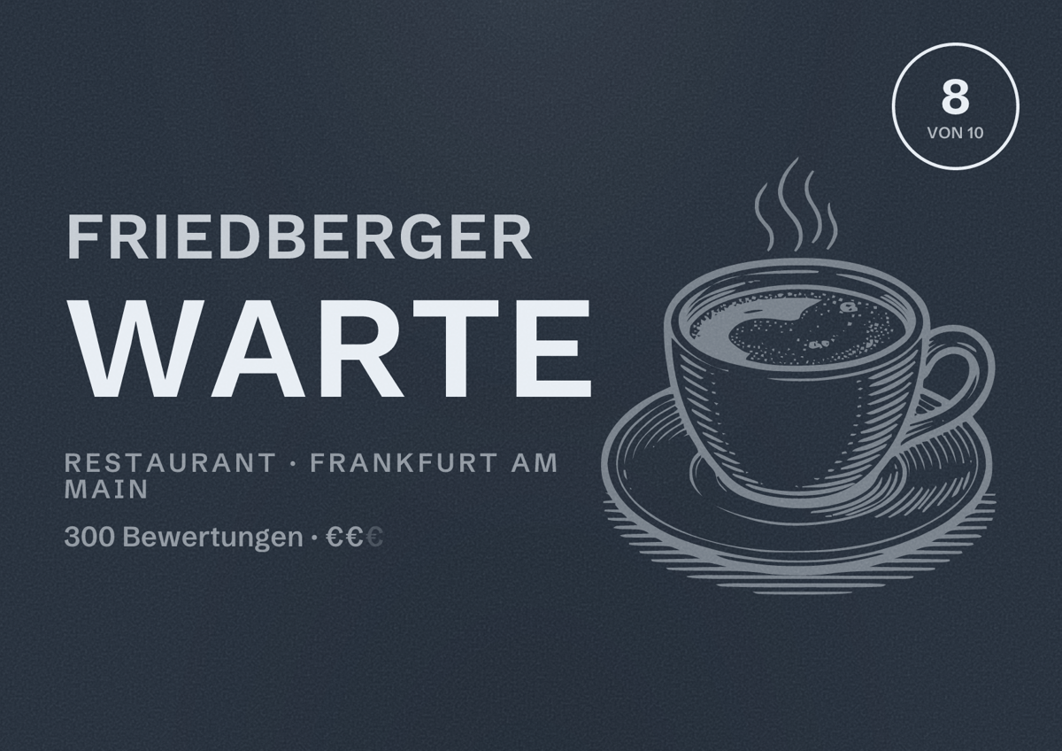 Illustriertes Poster von Friedberger Warte, Restaurant in Frankfurt am Main: Bewertung 8,0 von 10 aus 300 Bewertungen, Preisniveau €€