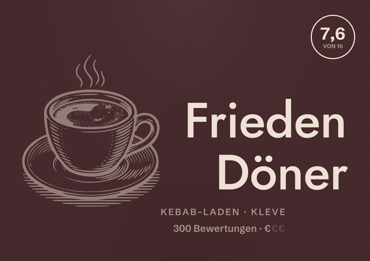 Illustriertes Poster von Frieden Döner, Kebab-Laden in Kleve: Bewertung 7,6 von 10 aus 300 Bewertungen, Preisniveau €