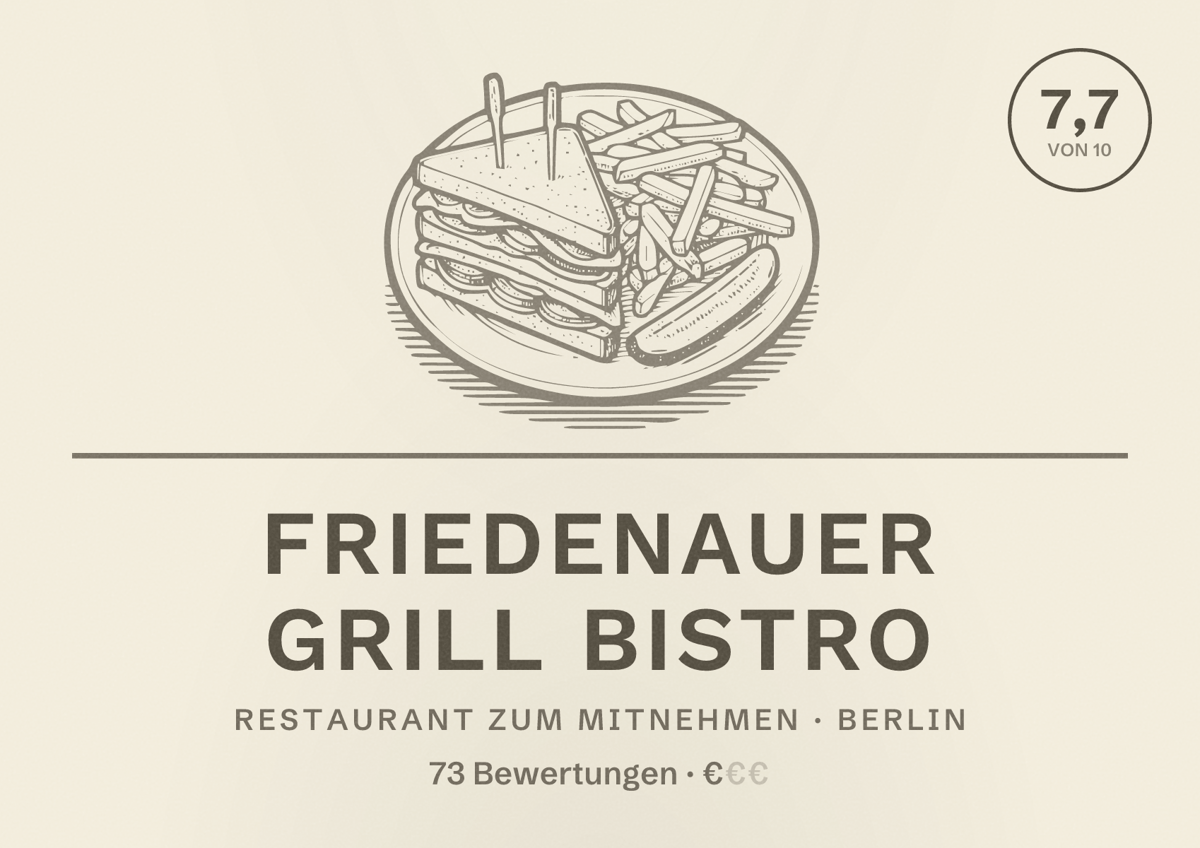Illustriertes Poster von Friedenauer Grill Bistro, Restaurant zum Mitnehmen in Berlin: Bewertung 7,7 von 10 aus 73 Bewertungen, Preisniveau €