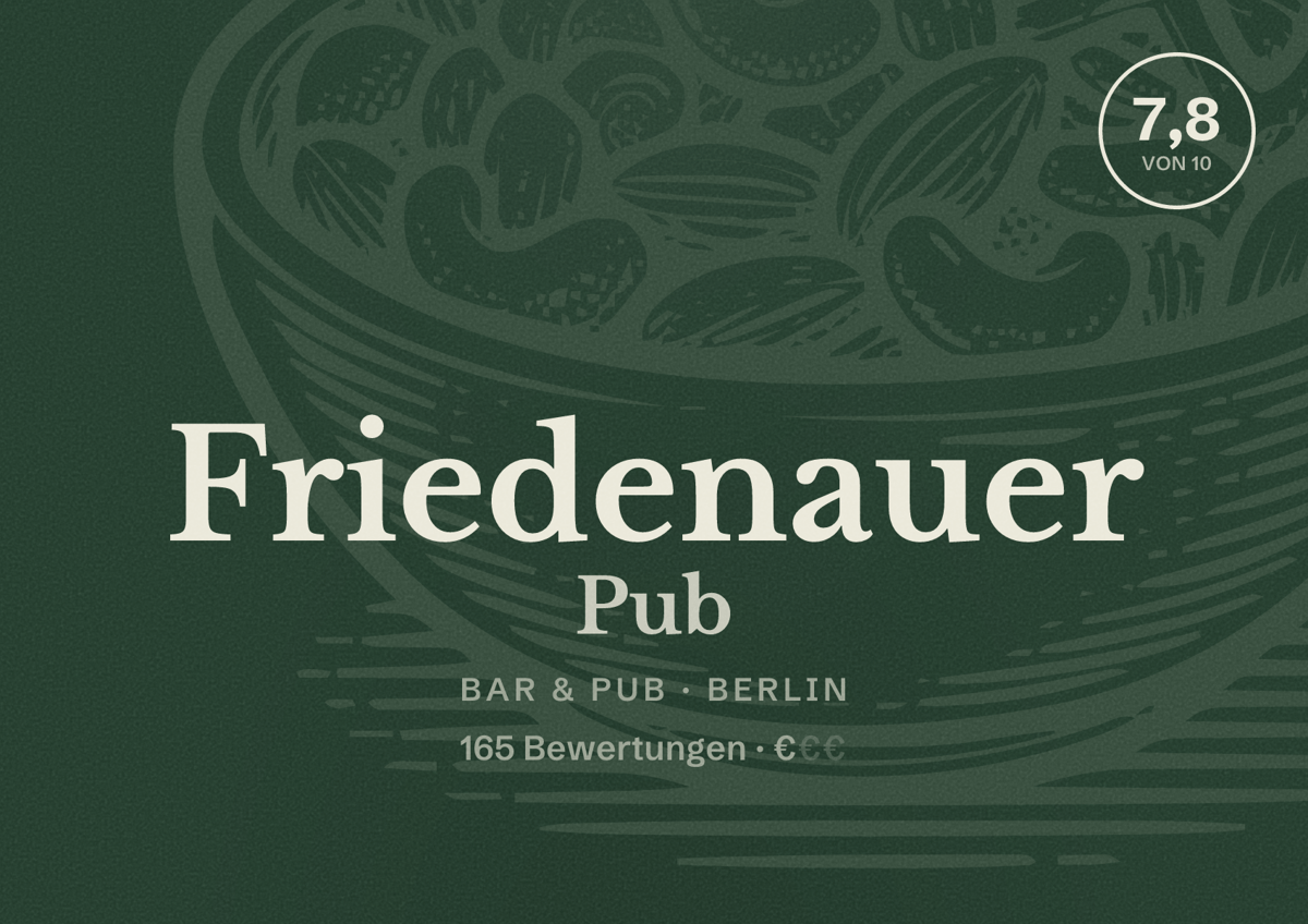 Illustriertes Poster von Friedenauer Pub, Bar & Pub in Berlin: Bewertung 7,8 von 10 aus 165 Bewertungen, Preisniveau €
