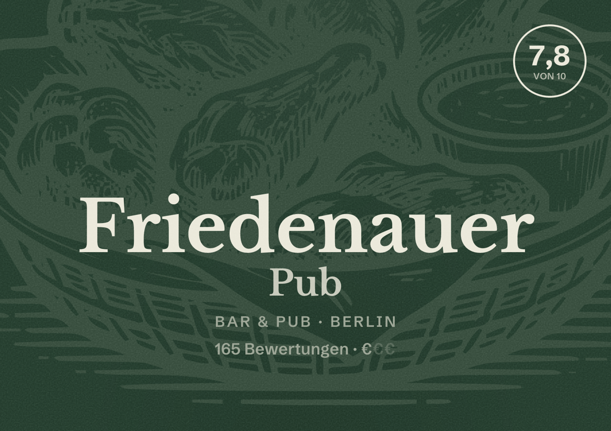 Illustriertes Poster von Friedenauer Pub, Bar & Pub in Berlin: Bewertung 7,8 von 10 aus 165 Bewertungen, Preisniveau €
