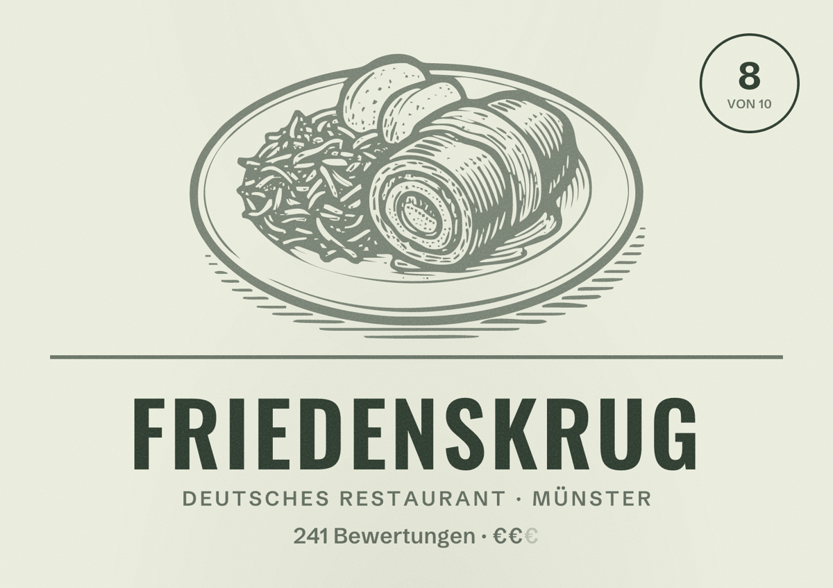 Illustriertes Poster von Friedenskrug, Deutsches Restaurant in Münster: Bewertung 8 von 10 aus 241 Bewertungen, Preisniveau €€