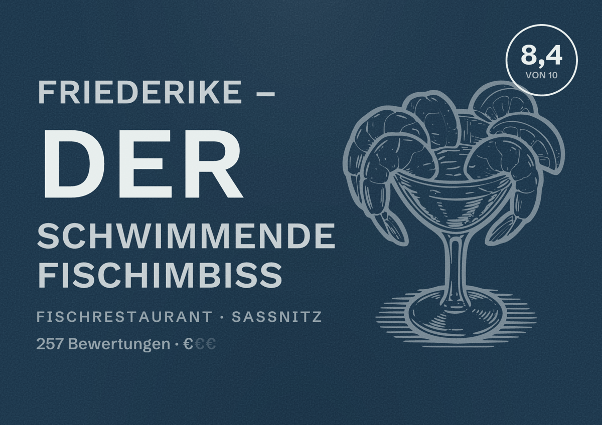Illustriertes Poster von Friederike – Der schwimmende Fischimbiss, Fischrestaurant in Sassnitz: Bewertung 8,4 von 10 aus 257 Bewertungen, Preisniveau €