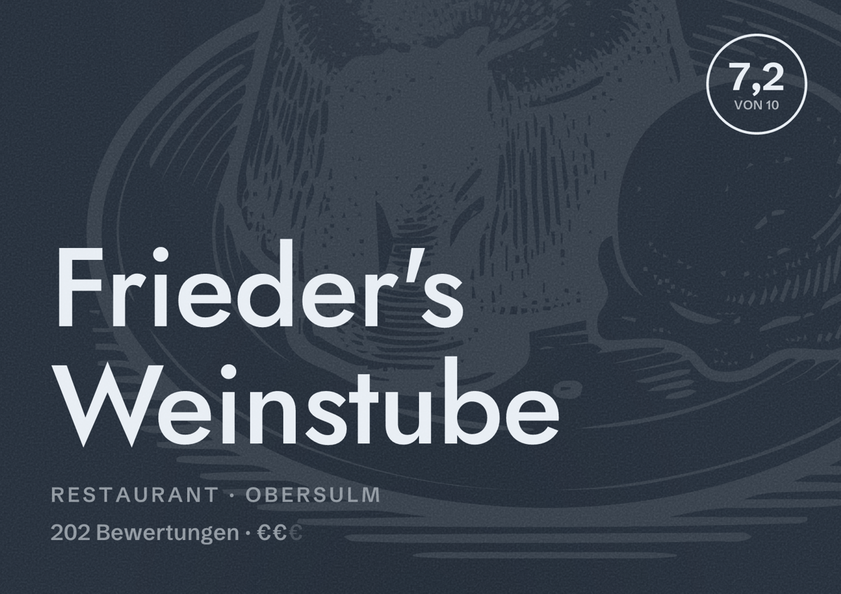 Illustriertes Poster von Frieder's Weinstube, Restaurant in Obersulm: Bewertung 7,2 von 10 aus 202 Bewertungen, Preisniveau €€