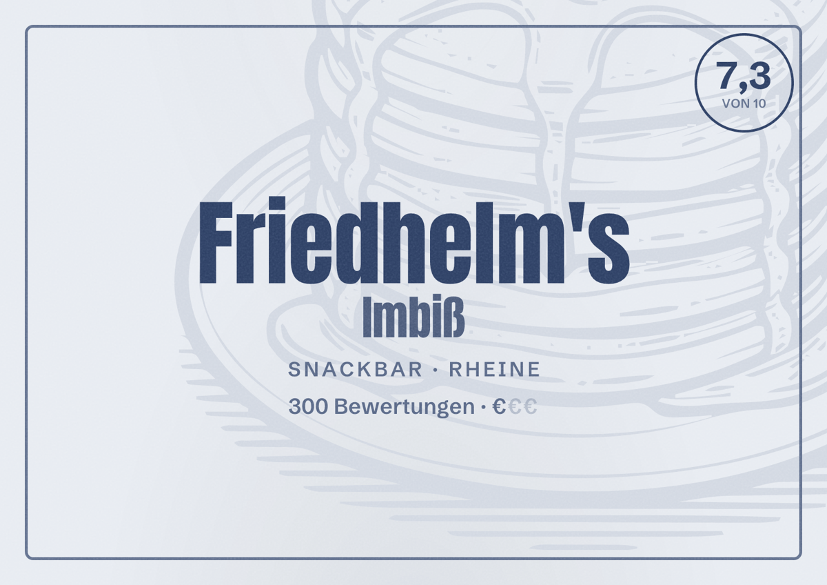 Illustriertes Poster von Friedhelm's Imbiß, Snackbar in Rheine: Bewertung 7,3 von 10 aus 300 Bewertungen, Preisniveau €