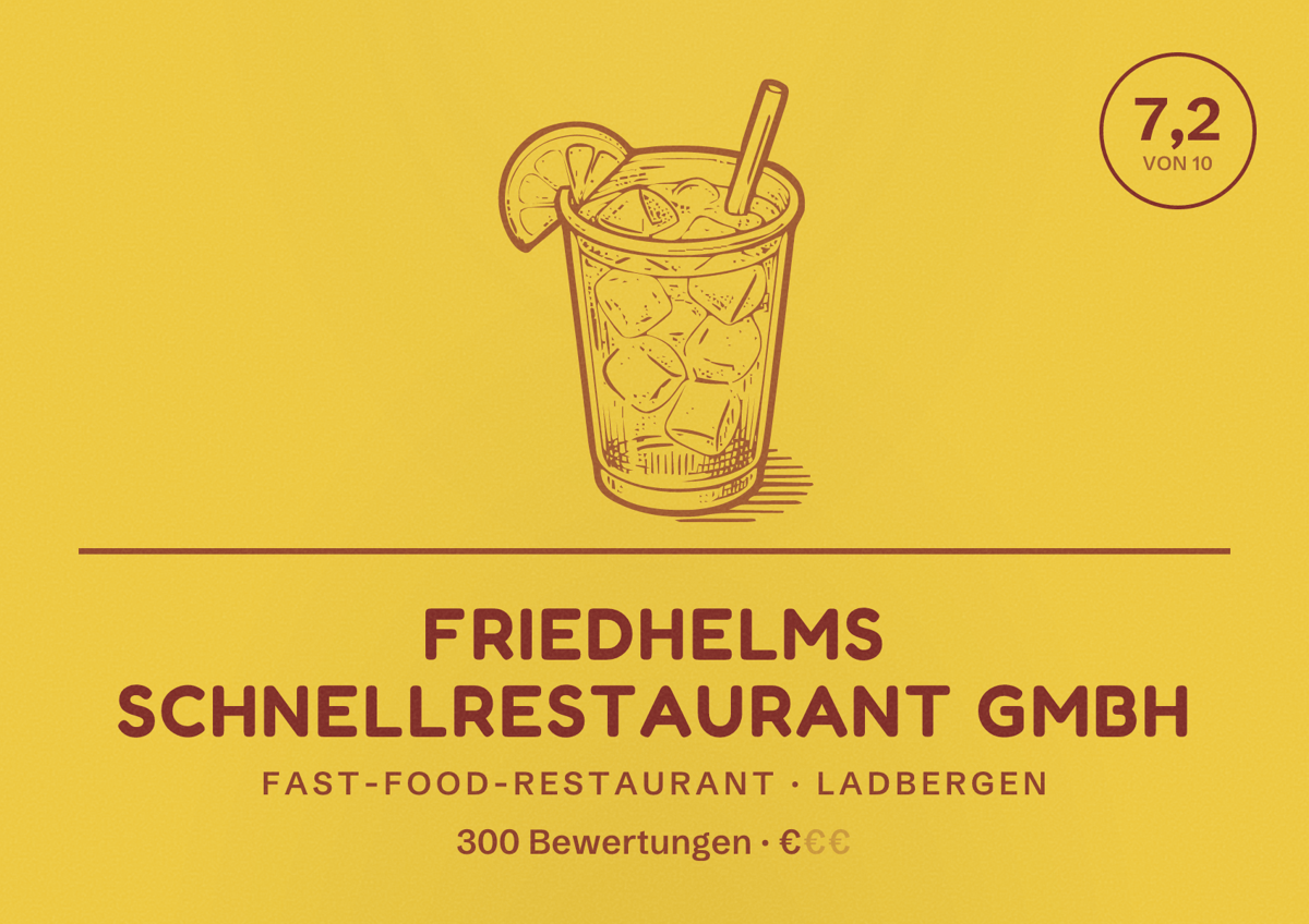 Illustriertes Poster von Friedhelms Schnellrestaurant GmbH, Fast-Food-Restaurant in Ladbergen: Bewertung 7,2 von 10 aus 300 Bewertungen, Preisniveau €