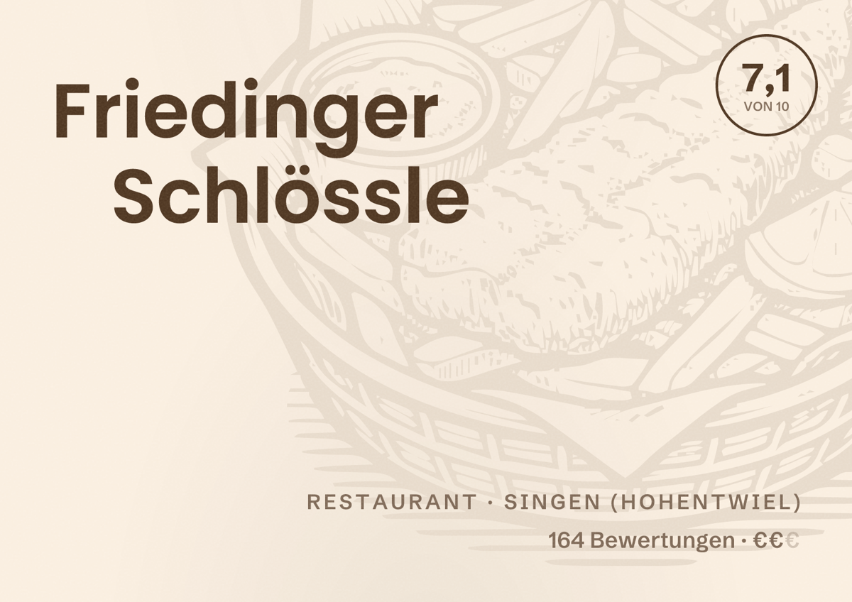 Illustriertes Poster von Friedinger Schlössle, Restaurant in Singen (Hohentwiel): Bewertung 7,1 von 10 aus 164 Bewertungen, Preisniveau €€