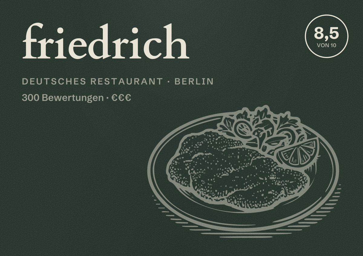 Illustriertes Poster von friedrich, Deutsches Restaurant in Berlin: Bewertung 8,5 von 10 aus 300 Bewertungen, Preisniveau €€€