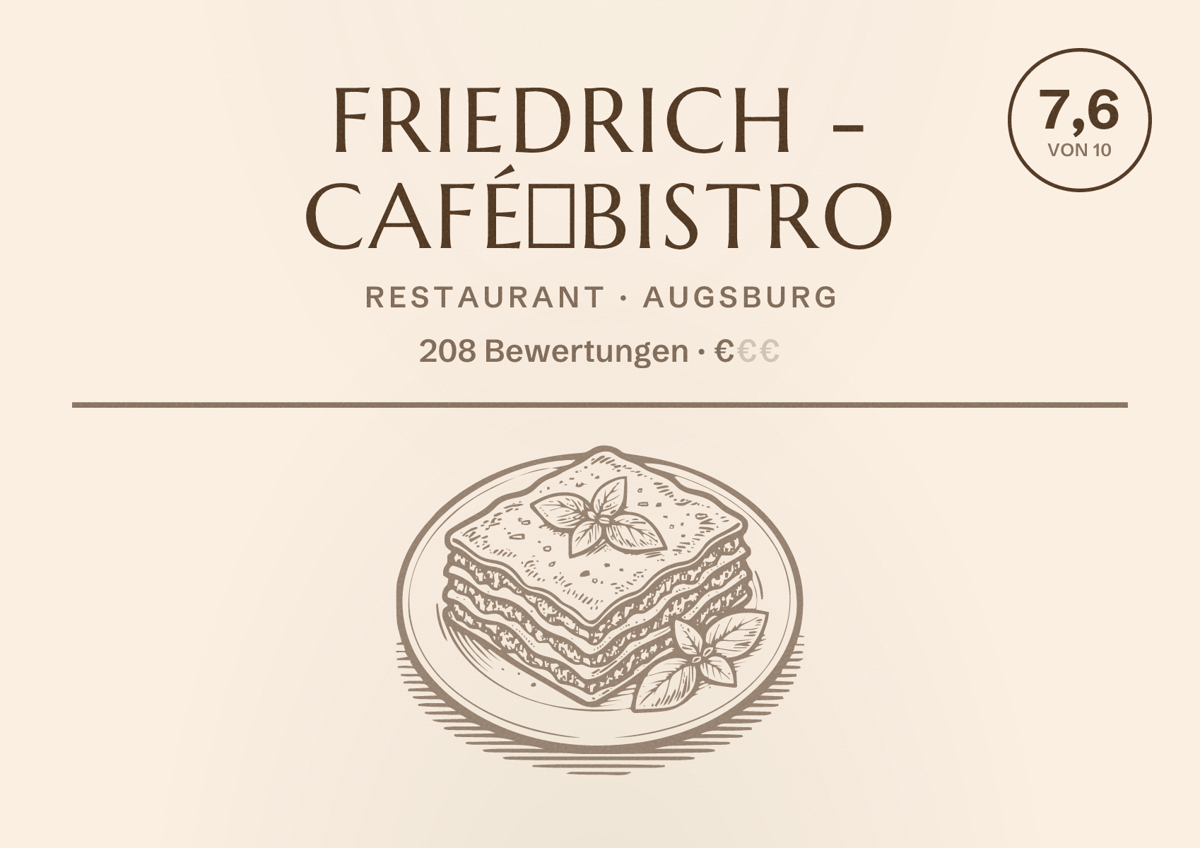 Illustriertes Poster von Friedrich - Café・Bistro, Restaurant in Augsburg: Bewertung 7,6 von 10 aus 208 Bewertungen, Preisniveau €