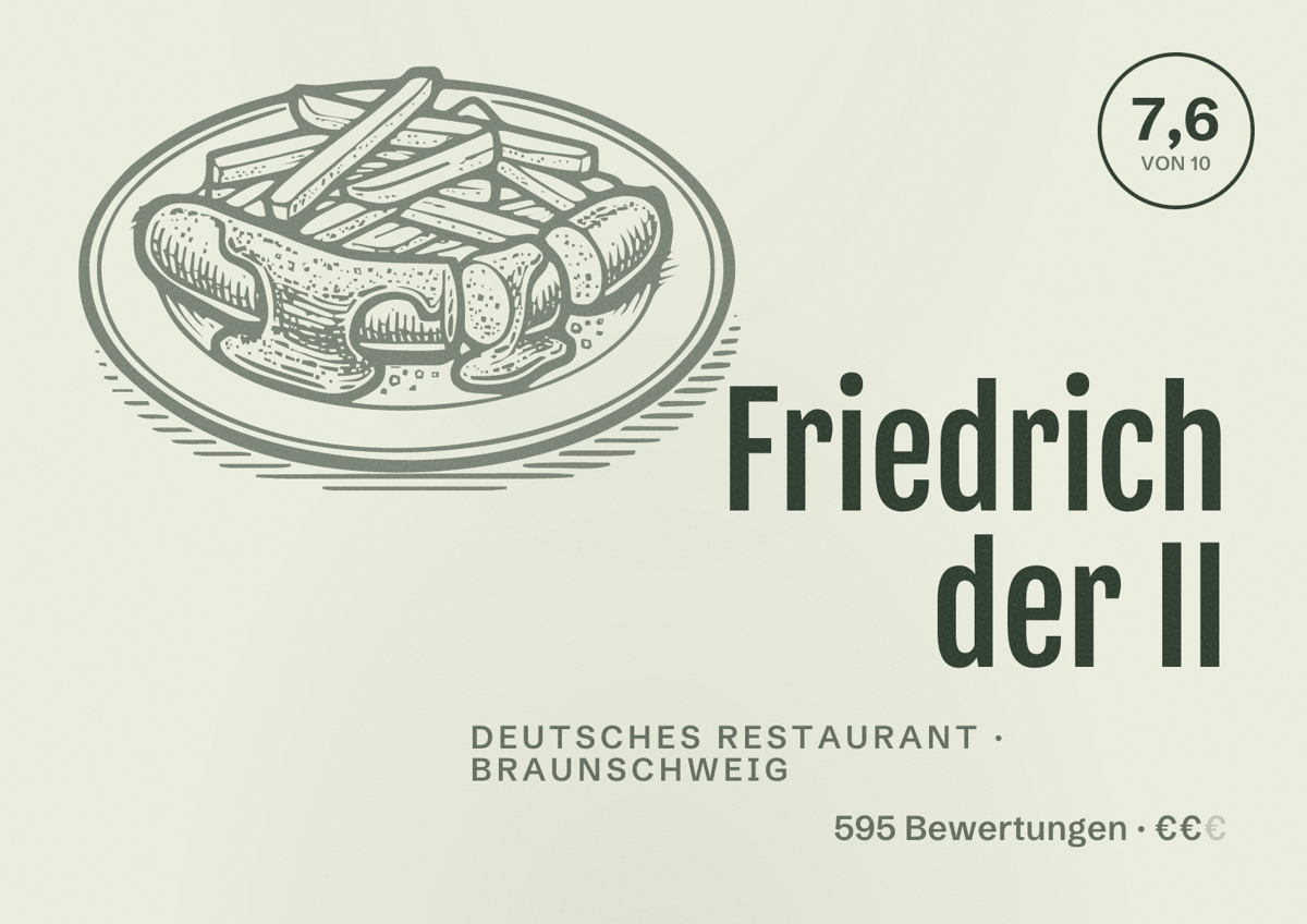 Illustriertes Poster von Friedrich der II, Deutsches Restaurant in Braunschweig: Bewertung 7,6 von 10 aus 595 Bewertungen, Preisniveau €€