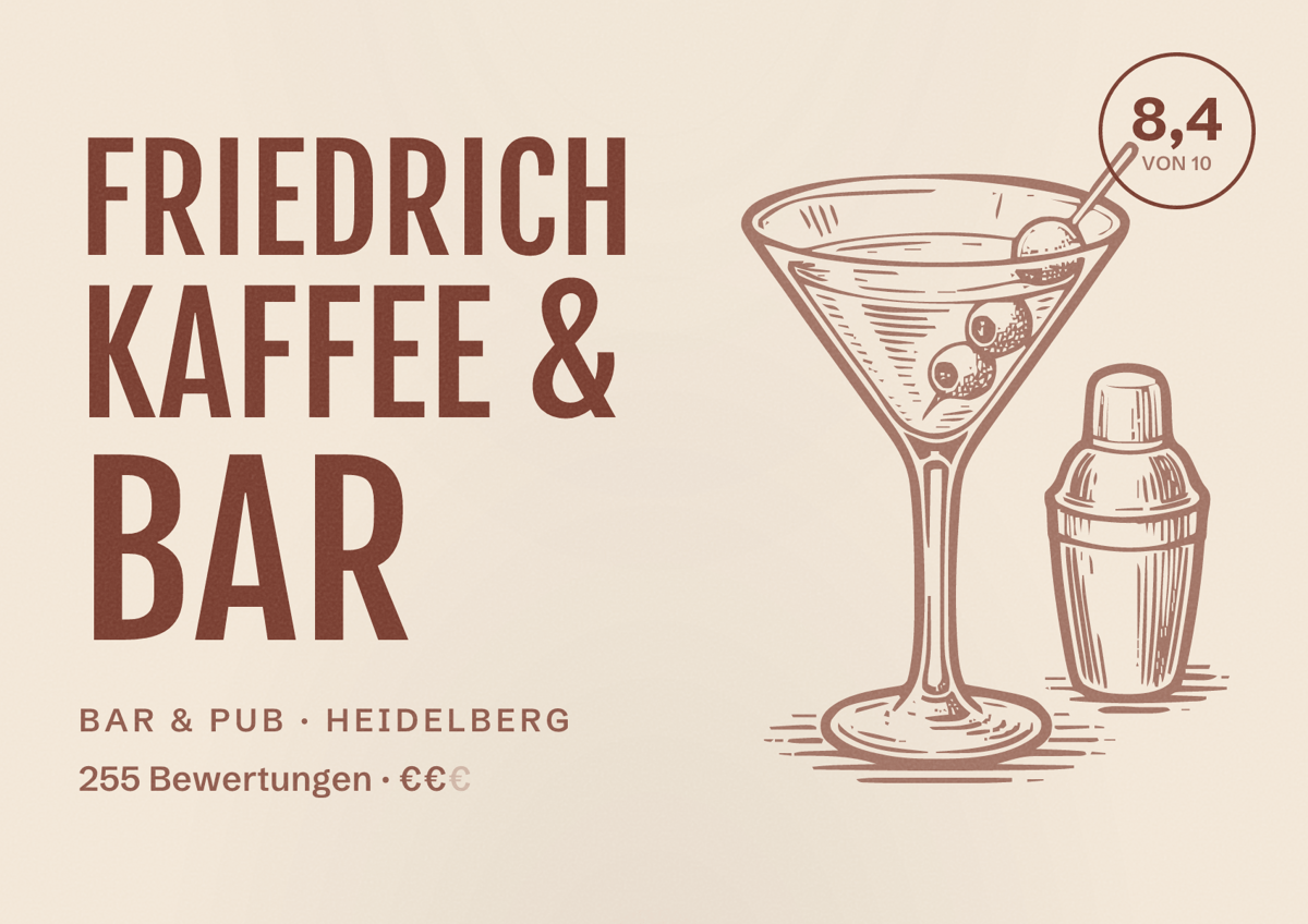Illustriertes Poster von Friedrich Kaffee & Bar, Bar & Pub in Heidelberg: Bewertung 8,4 von 10 aus 255 Bewertungen, Preisniveau €€