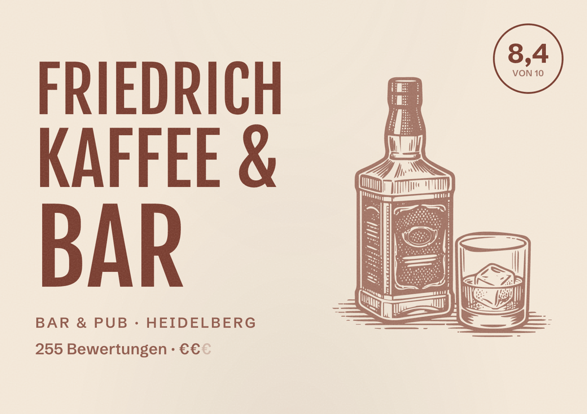 Illustriertes Poster von Friedrich Kaffee & Bar, Bar & Pub in Heidelberg: Bewertung 8,4 von 10 aus 255 Bewertungen, Preisniveau €€