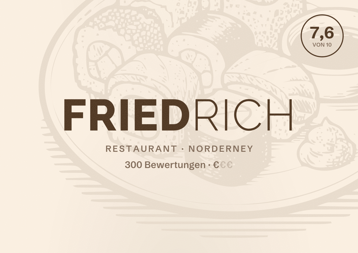Illustriertes Poster von Friedrich, Restaurant in Norderney: Bewertung 7,6 von 10 aus 300 Bewertungen, Preisniveau €