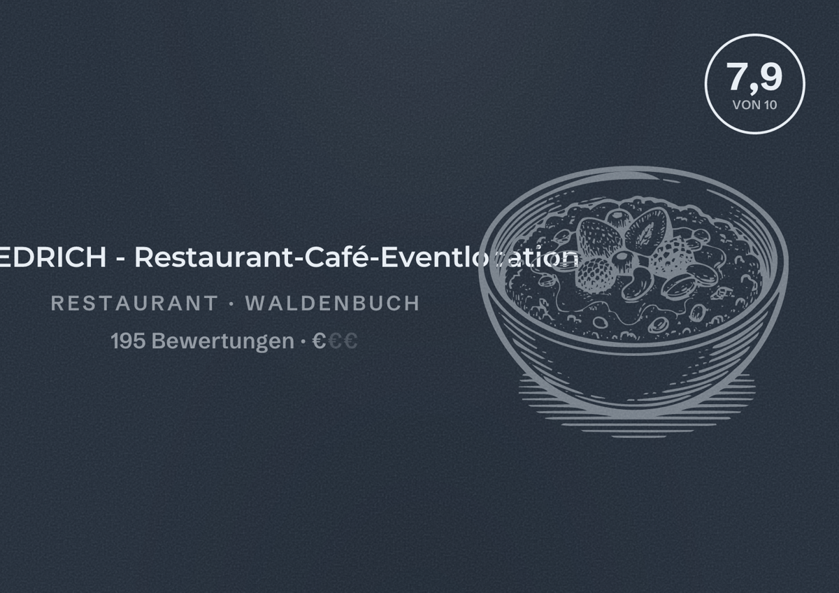 Illustriertes Poster von FRIEDRICH - Restaurant-Café-Eventlocation, Restaurant in Waldenbuch: Bewertung 7,9 von 10 aus 195 Bewertungen, Preisniveau €