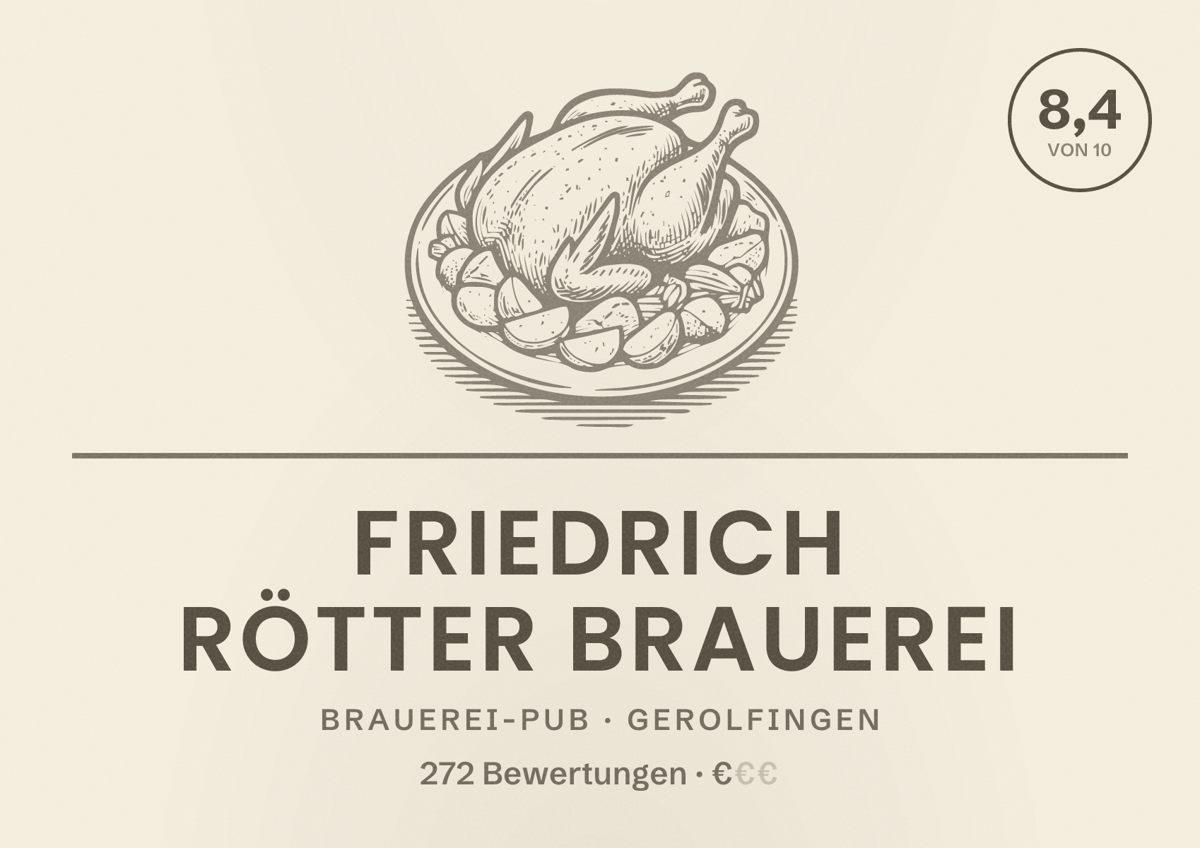 Illustriertes Poster von Friedrich Rötter Brauerei, Brauerei-Pub in Gerolfingen: Bewertung 8,4 von 10 aus 272 Bewertungen, Preisniveau €