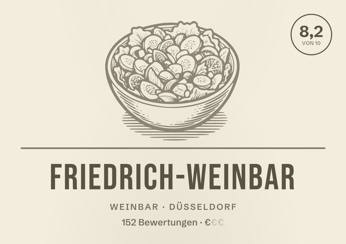 Illustriertes Poster von Friedrich-Weinbar, Weinbar in Düsseldorf: Bewertung 8,2 von 10 aus 152 Bewertungen, Preisniveau €
