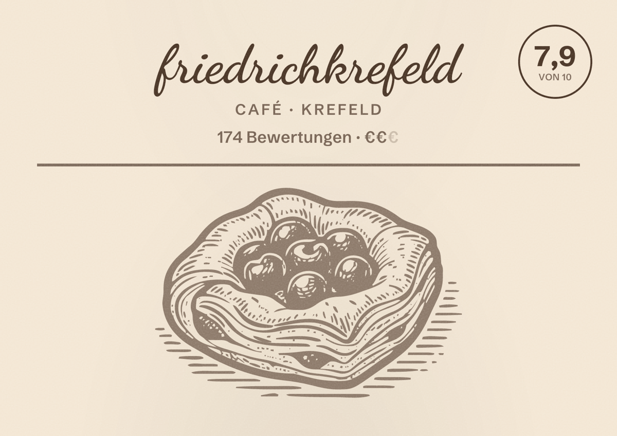 Illustriertes Poster von friedrichkrefeld, Café in Krefeld: Bewertung 7,9 von 10 aus 174 Bewertungen, Preisniveau €€