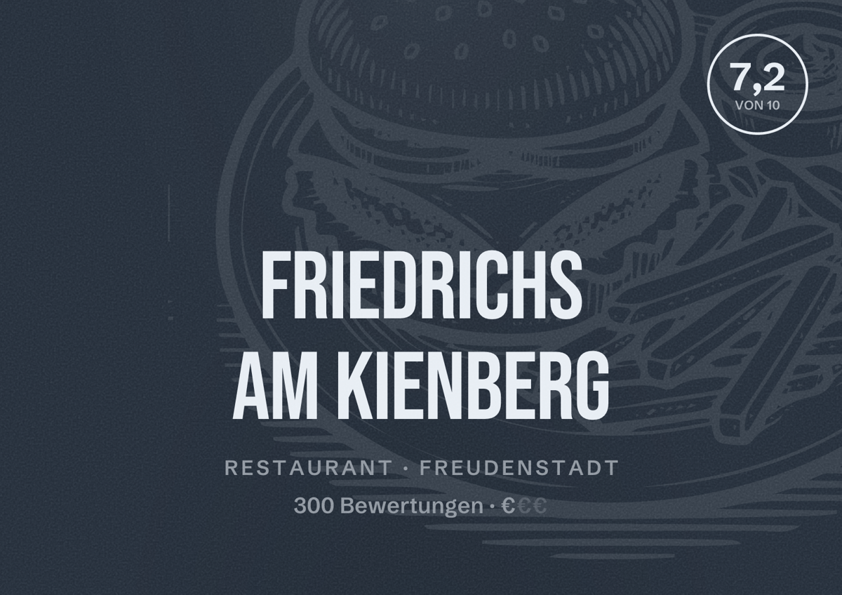 Illustriertes Poster von FRIEDRICHS am Kienberg, Restaurant in Freudenstadt: Bewertung 7,2 von 10 aus 300 Bewertungen, Preisniveau €