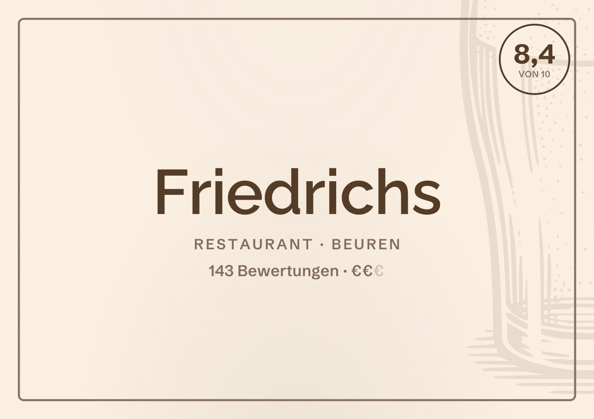 Illustriertes Poster von Friedrichs, Restaurant in Beuren: Bewertung 8,4 von 10 aus 143 Bewertungen, Preisniveau €€