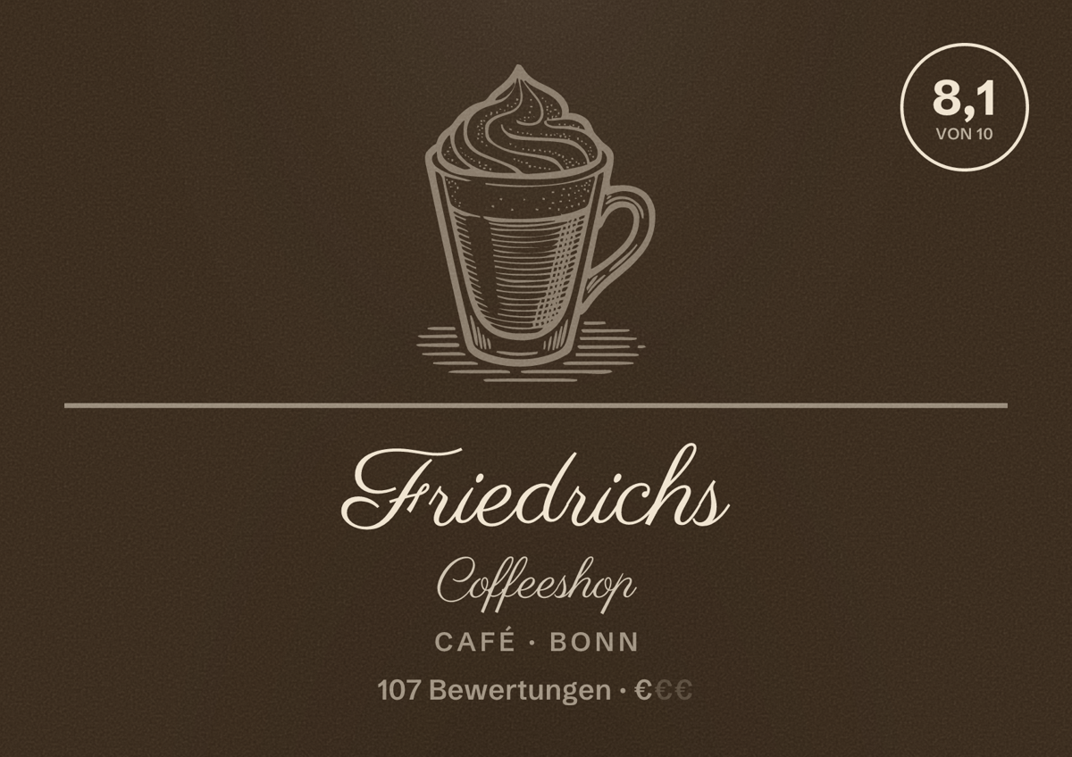 Illustriertes Poster von Friedrichs Coffeeshop, Café in Bonn: Bewertung 8,1 von 10 aus 107 Bewertungen, Preisniveau €