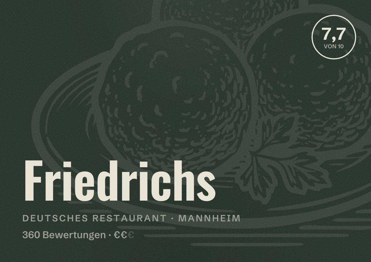 Illustriertes Poster von Friedrichs, Deutsches Restaurant in Mannheim: Bewertung 7,7 von 10 aus 360 Bewertungen, Preisniveau €€