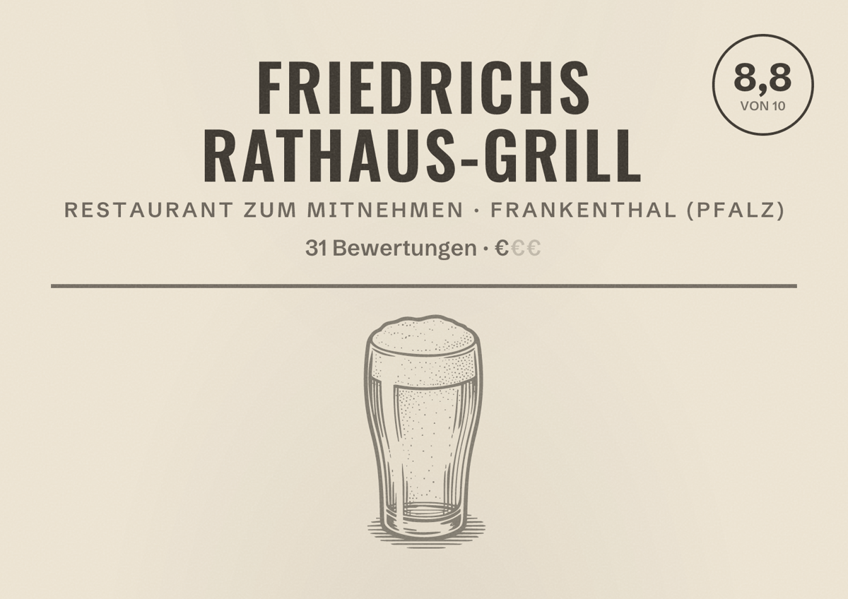 Illustriertes Poster von Friedrichs Rathaus-Grill, Restaurant zum Mitnehmen in Frankenthal (Pfalz): Bewertung 8,8 von 10 aus 31 Bewertungen, Preisniveau €