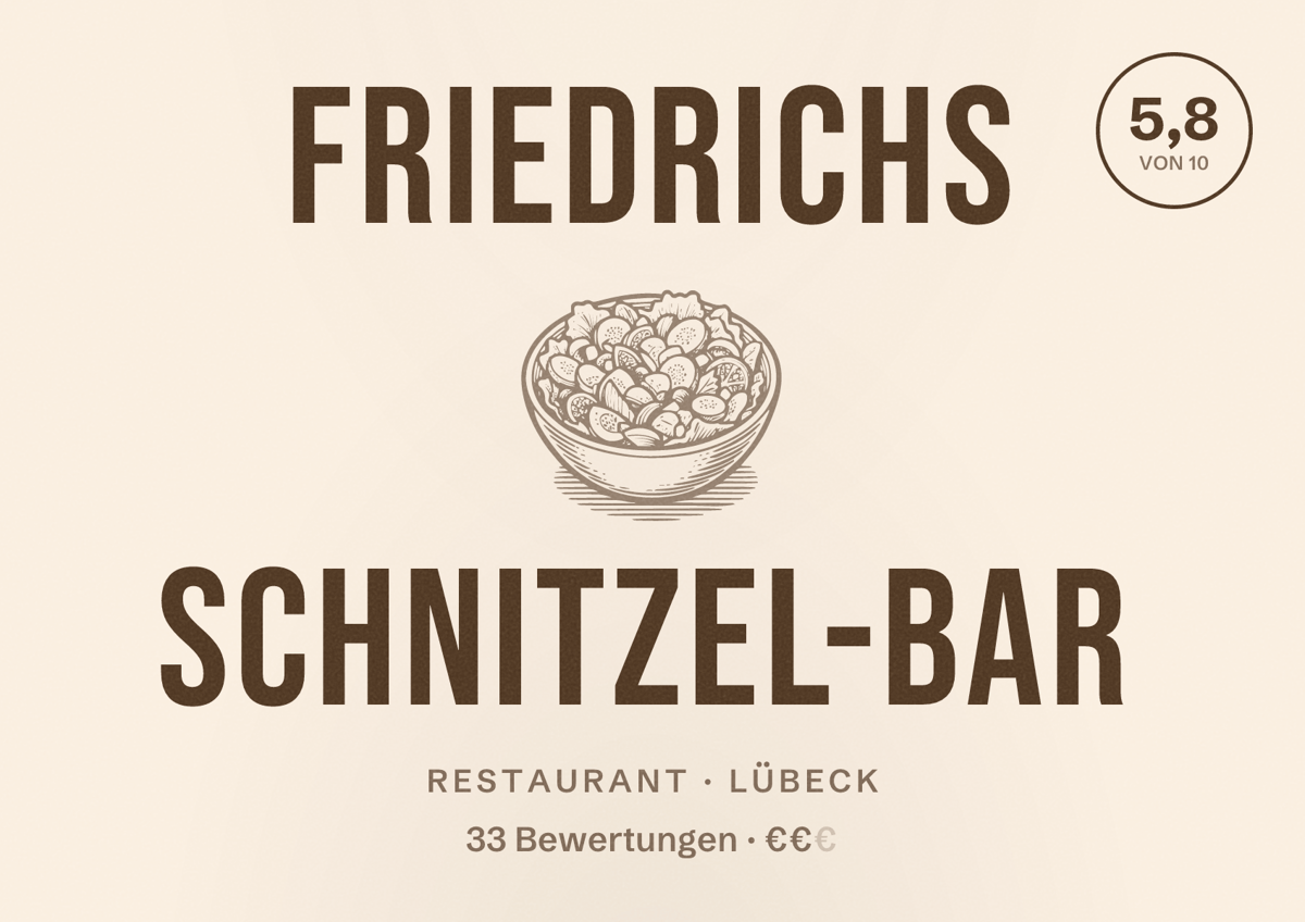 Illustriertes Poster von FRIEDRICHS Schnitzel-Bar, Restaurant in Lübeck: Bewertung 5,8 von 10 aus 33 Bewertungen, Preisniveau €€