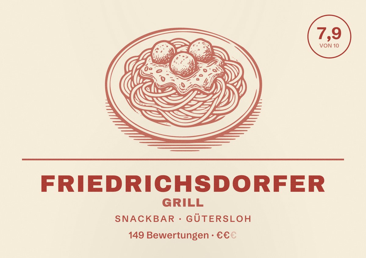 Illustriertes Poster von Friedrichsdorfer Grill, Snackbar in Gütersloh: Gästebewertung 7,9 von 10 aus 149 Bewertungen