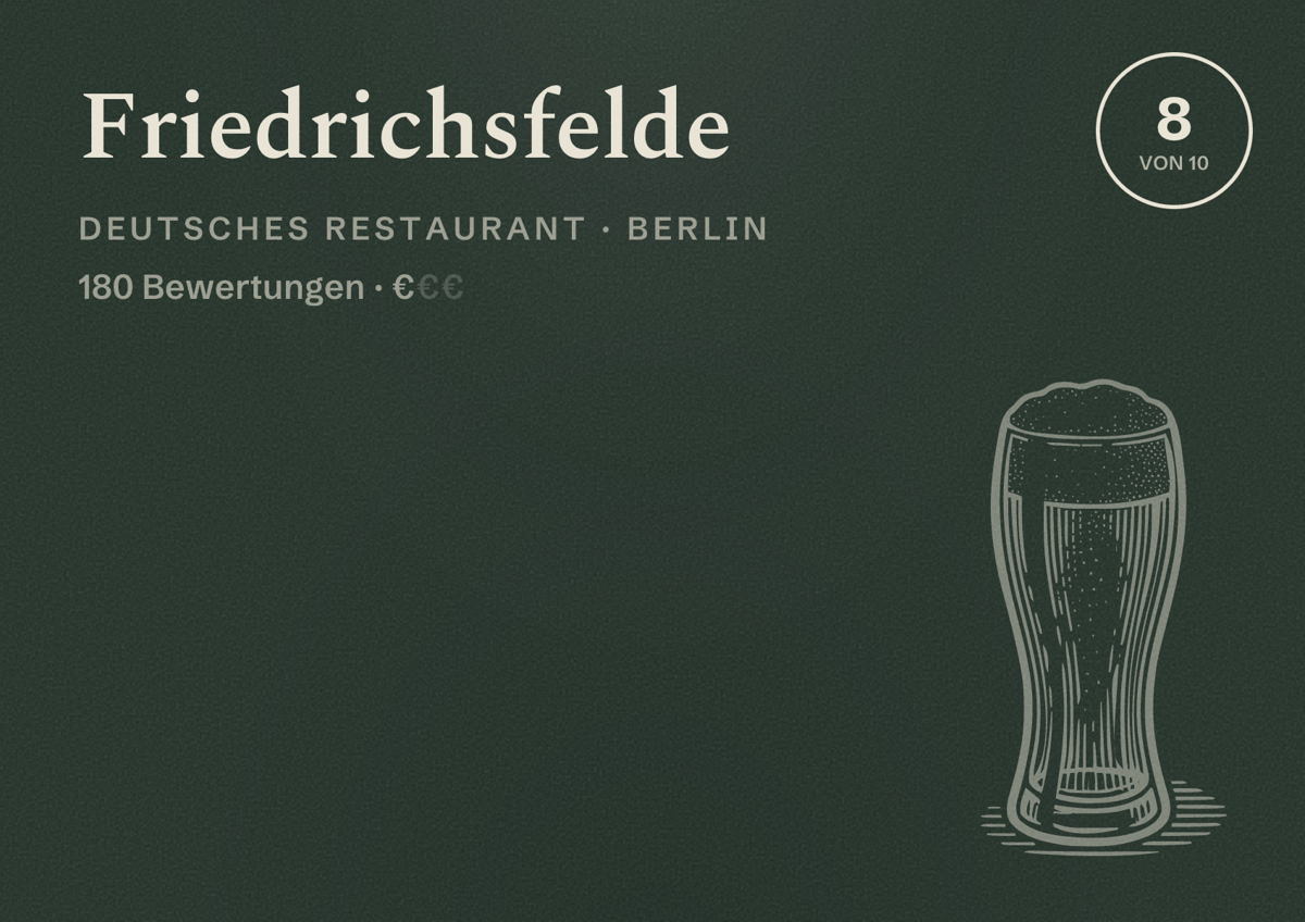 Illustriertes Poster von Friedrichsfelde, Deutsches Restaurant in Berlin: Bewertung 8,0 von 10 aus 180 Bewertungen, Preisniveau €
