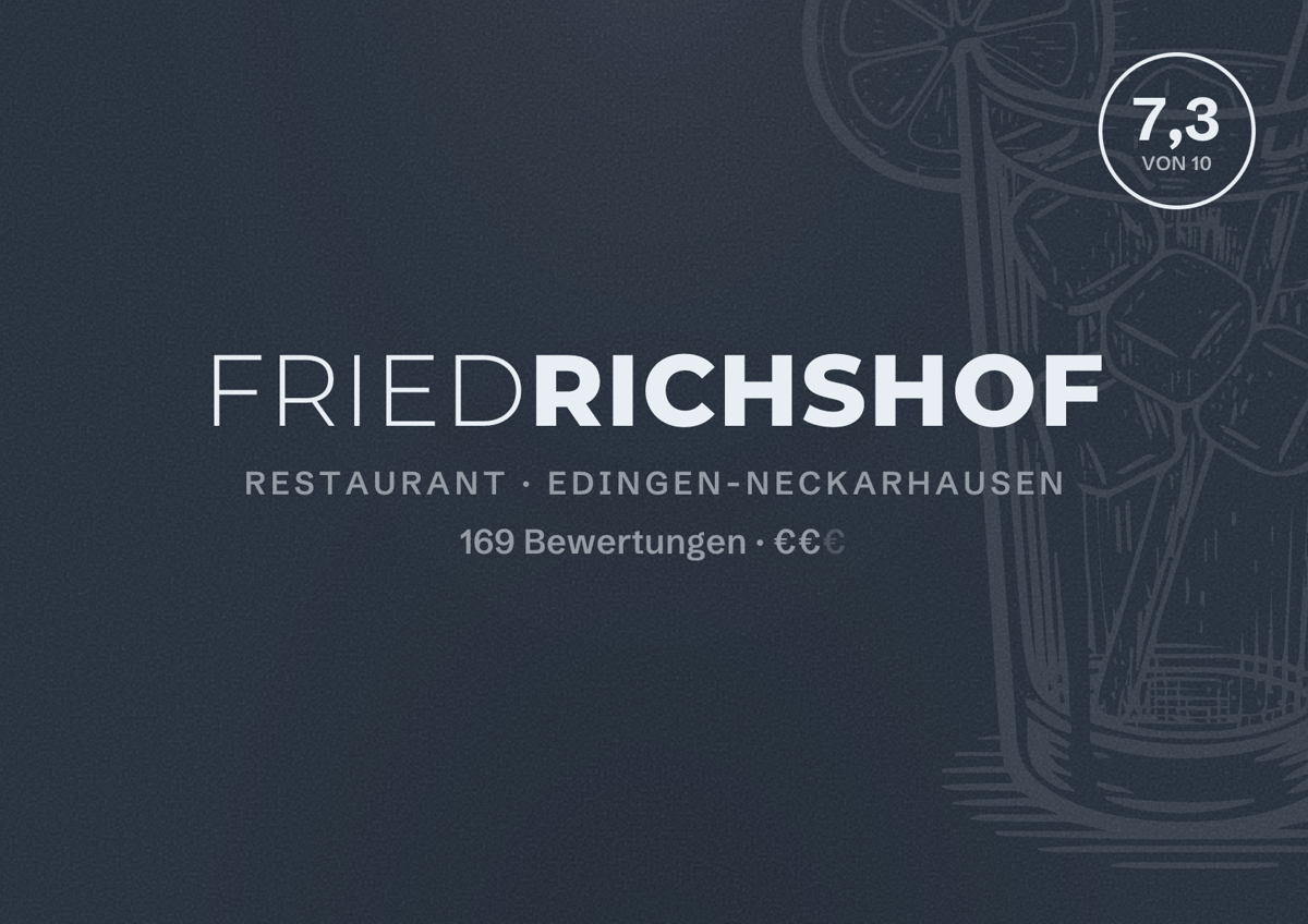 Illustriertes Poster von Friedrichshof, Restaurant in Edingen-Neckarhausen: Bewertung 7,3 von 10 aus 169 Bewertungen, Preisniveau €€